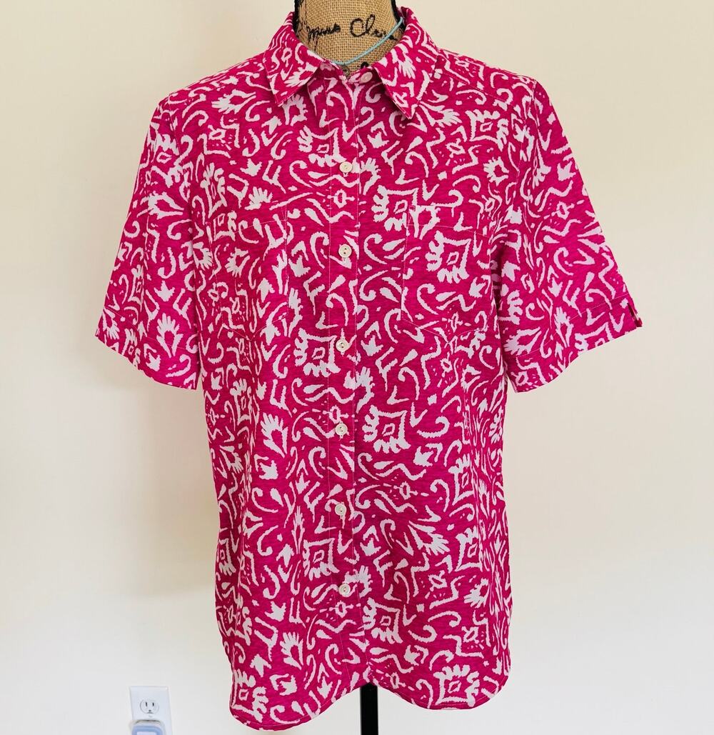 TRAVELSMITH Womens Vibrant Pink Batik Camp Short Sleeve Button Up Shirt Medium